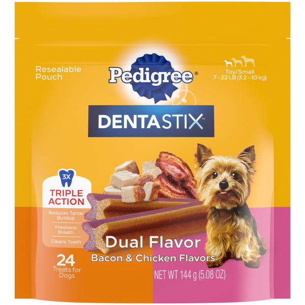 PEDIGREE DENTASTIX Dual Flavor Small Dog Dental Treats, Bacon & Chicken Flavors Dental Bones, 5.08 oz. Pack (24 Treats)