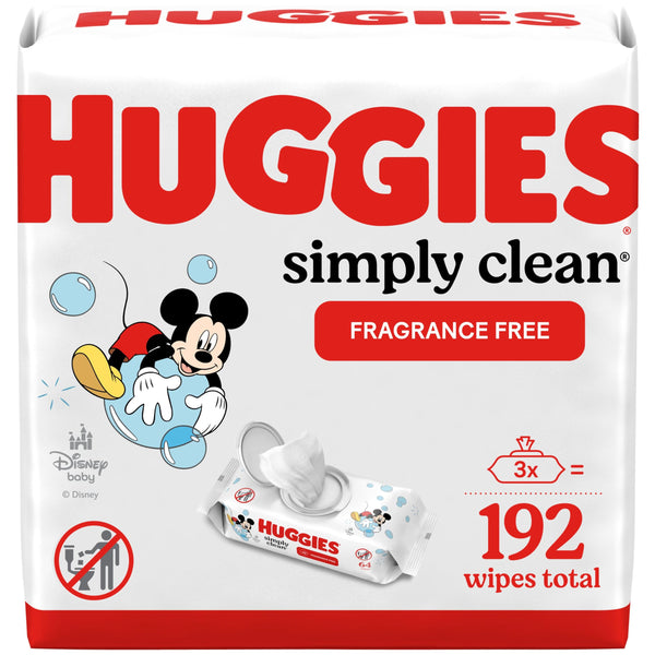 Huggies Simply Clean Fragrance-Free Baby Wipes, Unscented Diaper Wipes, 3 Flip-Top Packs (192 Wipes Total)