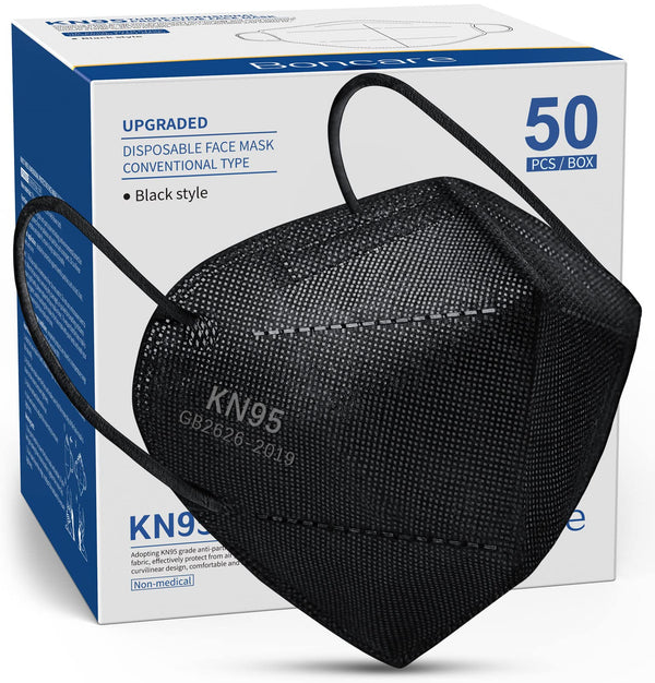 Boncare KN95 Face Masks 50 Pack, Black, 5-Layer Disposable Face Masks, Breathable and Comfortable