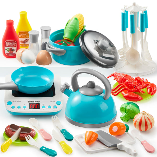 JOYIN Play Food Set for Kids Kitchen, Pretend Food for Toddlers 1-3, Play Kitchen Appliances with Pots, Pans, Induction Cooker, Cutting Vegetables, Fake Food, Gift for Boys and Girls, Cooking Toy Set