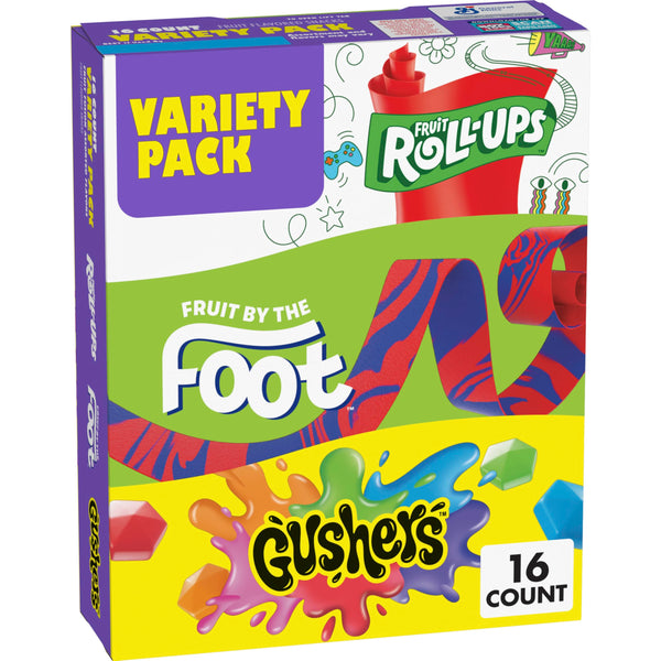 Variety Pack - Fruit by the Foot, Fruit Roll-Ups, Gushers, Fruit Flavored Snacks, Gluten Free Gummy Kids Snack, Good Source of Vitamin C, 16 Individually Wrapped Pouches, Perfect for On The Go, 10.2 oz Box