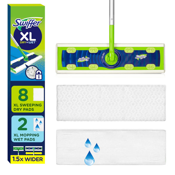 Swiffer Sweep + Mop XL, Broom & Mop Alternative, Floor Cleaner for Dirt, Dust, Hair, All Purpose Cleaning Tool for Home, Bathroom, Kitchen, Set Includes 1 XL Sweeper 8 XL Dry Pads 2 XL Wet Pads Fresh