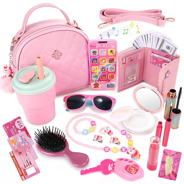 Little Girls Play Purse and Pretend Makeup Kit- 49PCS My First Purse Set Includes Handbag Phone Wallet Play Makeup Princess Jewelry Water Bottle, Pretend Play Gift Toys for Girls Toddlers Age 3+