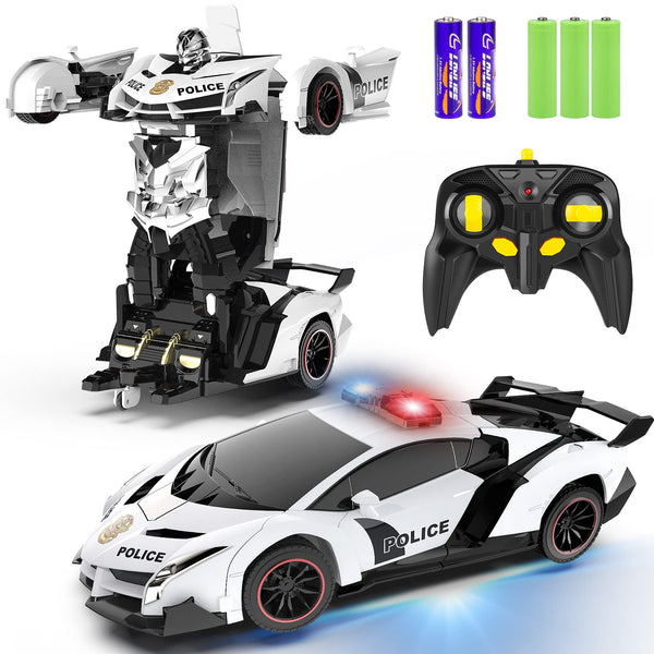 FDJ Remote Control Car - Transform Toys Car Robot, One Button Deformation to Robot with Flashing Light, 2.4Ghz 1:18 Scale Transforming Police Car Kids Toys with 360 Degree Rotating, Girls Boys Toys