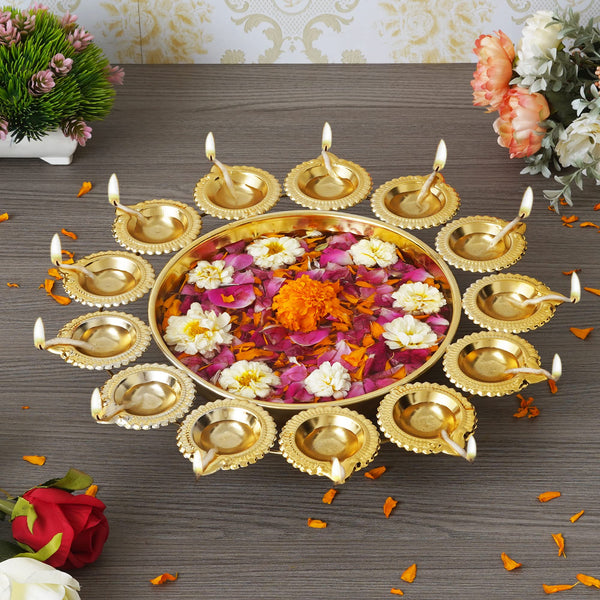 Webelkart Diya Shape Decorative Urli Bowl for Home Metal Handcrafted for Floating Flowers and Tea Light Candles Home ,Office and Table Decor| Diwali Decoration Items ( 14 Inches), Gold