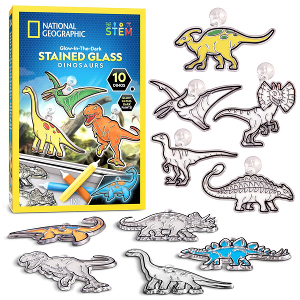 NATIONAL GEOGRAPHIC Kids Stained Glass Kit - Glow in the Dark Dinosaur Toys, Kids Arts and Crafts Set, Window Sun Catchers, Kids Activities, Kids Crafts Ages 4-8, Window Art Craft Kit, Suncatcher Kit