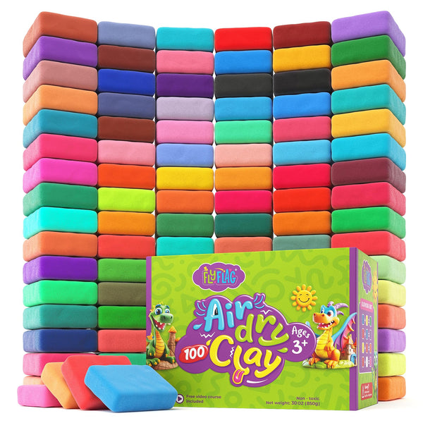 FlyFlag Air Dry Clay - 100 Colors, Soft & Ultra Light, Modeling Clay for Kids with Tools and Tutorials