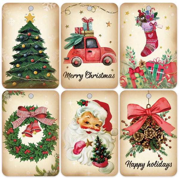 60 Vintage Holiday Gift Tags with String and Santa Claus - Perfect for Christmas Gift Wrapping and Home Decor (2'' x 3'')