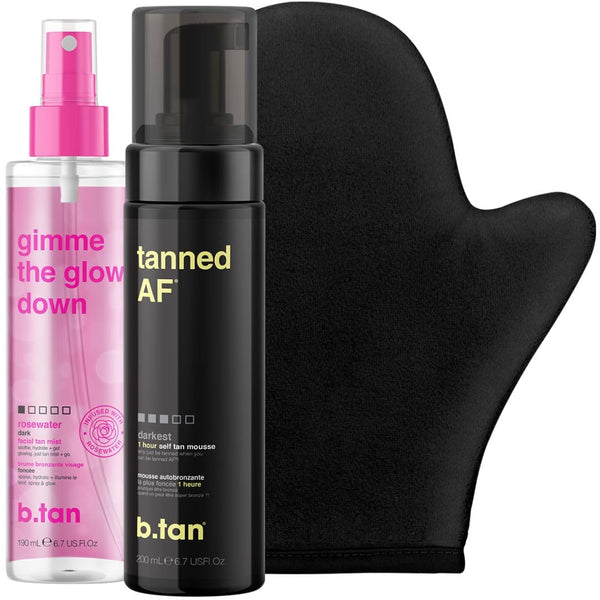 b.tan Dark Self Tan & Face Mist Kit | b.tan + Glow Bundle - Self Tanning Mousse with Gimme The Glow Down Gradual Face + Body Mist w Self Tanning Mitt Applicator, 1 Hour Sunless Tanner, Fast, 6.7 Fl Oz