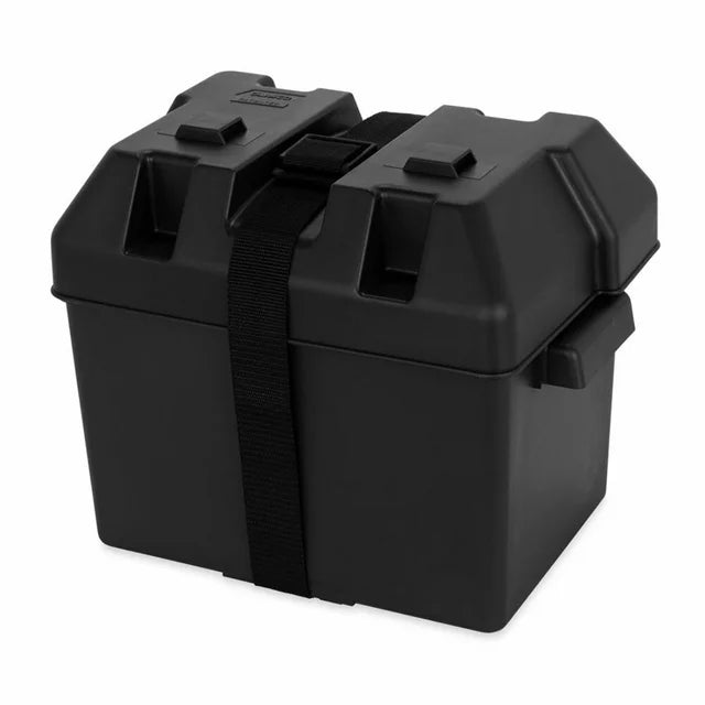 Camco RV Standard Battery Box | Features a Heavy-Duty Corrosion-Resistant Polypropylene Construction, Durable Woven Hold-Down Strap and Fits Group Size 24 Batteries | Black (55362)