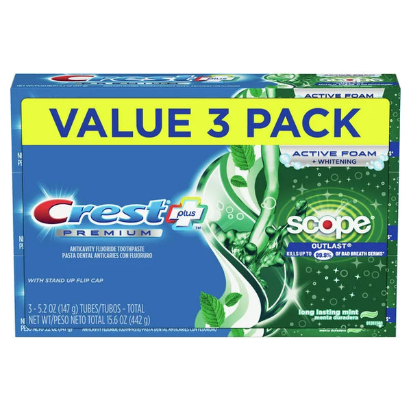 Crest Premium Plus Scope Outlast Toothpaste, Long Lasting Mint Flavor 5.2 oz, Pack of 3