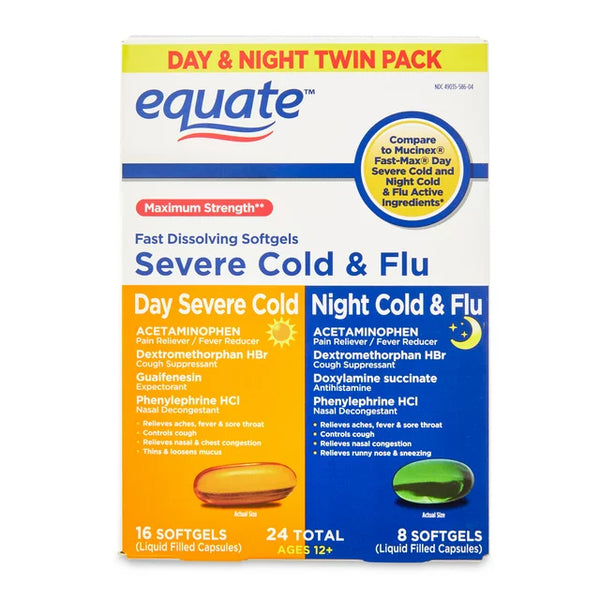 Equate Maximum Strength Daytime Severe Cold & Nighttime Cold & Flu Softgels, 24 Count