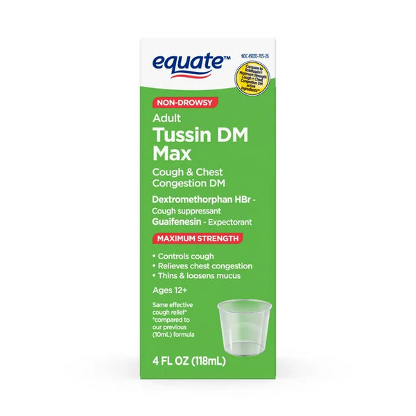 Equate Tussin DM Max, Cough and Chest Congestion, Max Strength, Raspberry Menthol, 4 fl. Oz