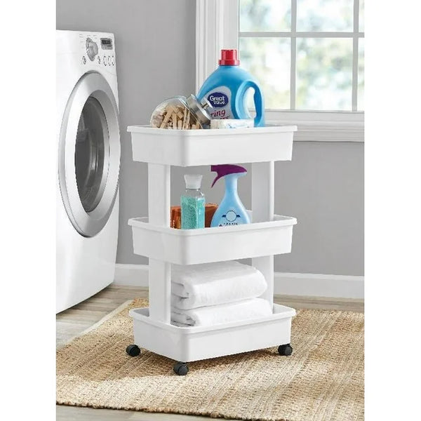 Mainstays 3-Tier Plastic Multi-Purpose Rolling Laundry Cart, Arctic White, Case Pack 1