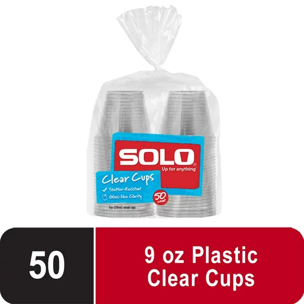 Solo Disposable Plastic Cups, Clear, 9oz, 50 Count