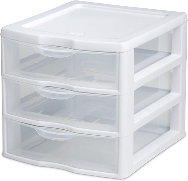 Sterilite 3 Drawer Mini Desktop Unit, Clear w/White Frame