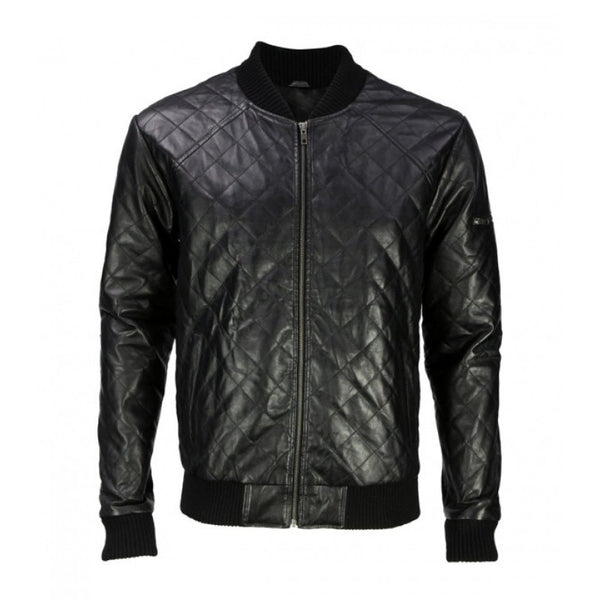 BLACK LAMBSKIN LEATHER QUILTED VARSITY JACKET